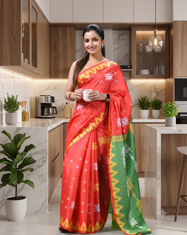 Women`s silk sarees party, wear latest, Tanvika design georgette chiffon Crepe cotton saree for farewell wedding New sari printed fancy printed silk sarees for women (Red Light Green)