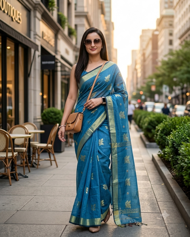 Cotton Silk Party Wear Saree Trendy Design Gulnaz Georgette Chiffon Cotton Saree (Royal Blue)