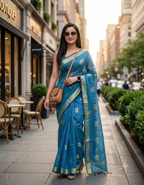 Cotton Silk Party Wear Saree Trendy Design Gulnaz Georgette Chiffon Cotton Saree (Royal Blue)