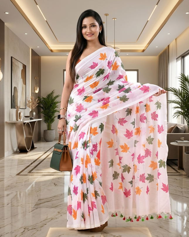 Women cotton handloom mulmul cotton sarees mul cotton sarees for women latest, Patta e Ishq design batik print bandhani malmal linen office daily, party, wear sarees for women (Pink)
