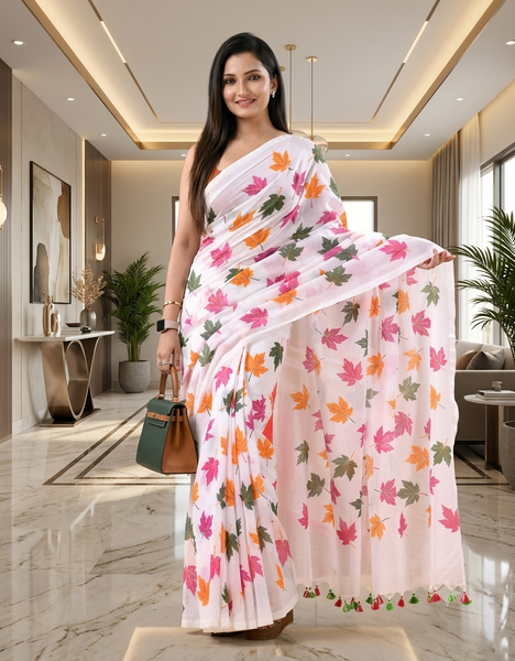 Women cotton handloom mulmul cotton sarees mul cotton sarees for women latest, Patta e Ishq design batik print bandhani malmal linen office daily, party, wear sarees for women (Pink)