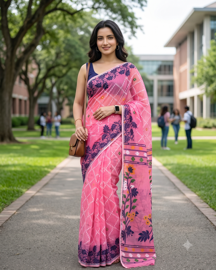 dB DESH BIDESH Women's Jamdani Sarees For Women for Party Festival Wear Kusumlata Design Soft Cotton Linen saree for woman Without Blouse piece (Pink Blue)