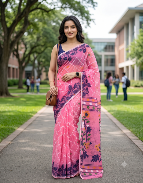 dB DESH BIDESH Women's Jamdani Sarees For Women for Party Festival Wear Kusumlata Design Soft Cotton Linen saree for woman Without Blouse piece (Pink Blue)