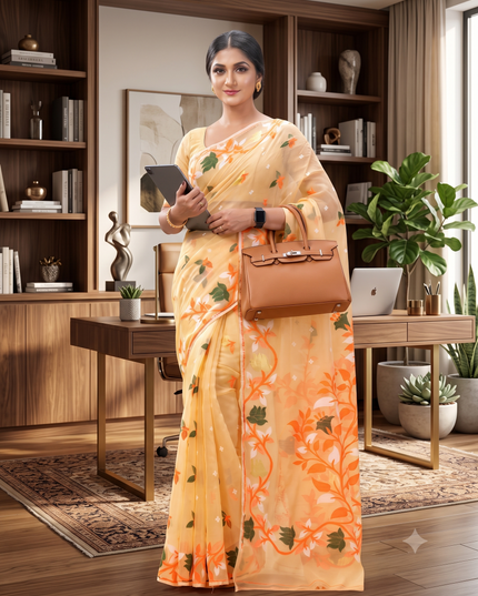Kaveri Flower Design Dhakai jamdani Bengal Pure Cotton Handloom Saree Whole Body Design