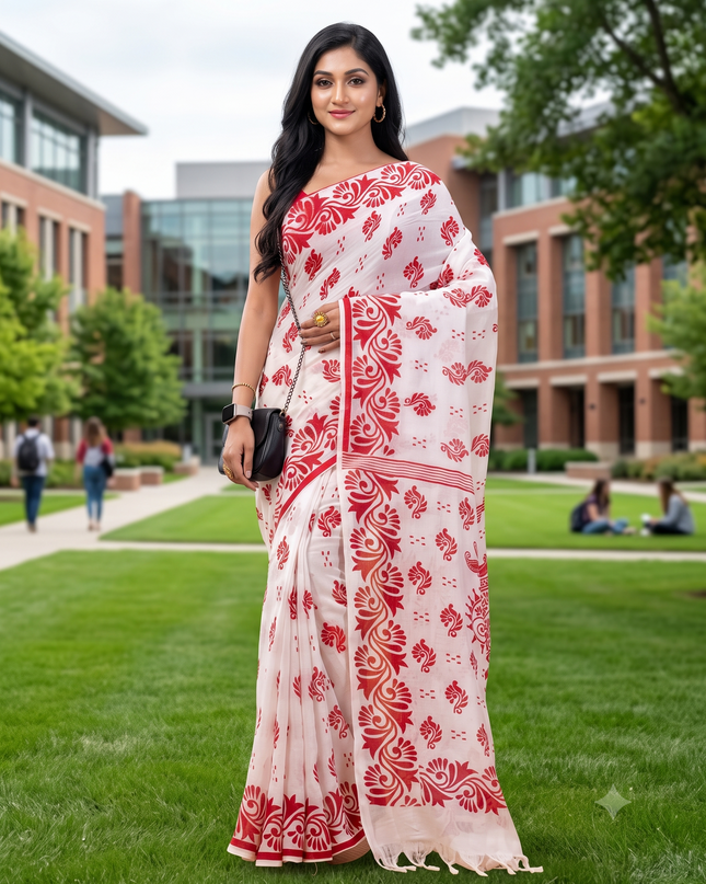 Exquisite Pure Cotton White Saree with Red Ethnic Block Prints and Border
