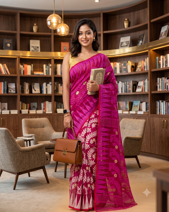 Tamarind Leaf Resham Dhakai Jamdani Pure Cotton Handloom Saree Design without Blouse Piece