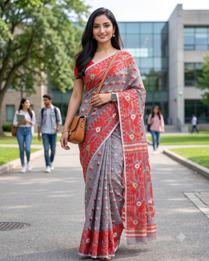 Pure Cotton Handloom Jamdani Saree with Ethnic Motifs