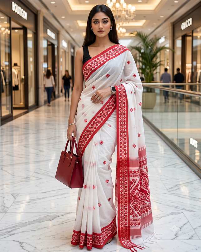 Exquisite White & Red Woven Design Pure Cotton Taant Saree for Women