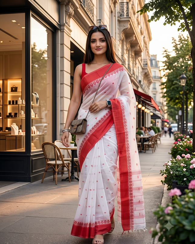 Exquisite White & Red Pure Cotton Taant Saree with Ethnic Motifs