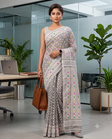 Hirokduti Resham Dhakai jamdani Bengal Pure Cotton Handloom Saree Whole Body Design without Blouse Piece