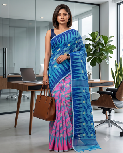 Tamarind Leaf Resham Dhakai Jamdani Pure Cotton Handloom Saree Whole Body Design without Blouse Piece
