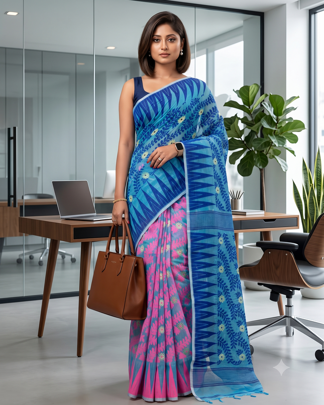 Tamarind Leaf Resham Dhakai Jamdani Pure Cotton Handloom Saree Whole Body Design without Blouse Piece
