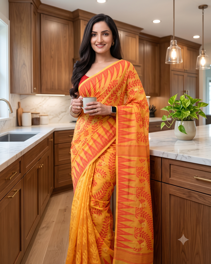 Tamarind Leaf Resham Dhakai Jamdani Bengal Pure Cotton Handloom Saree Whole Body Design without Blouse Piece