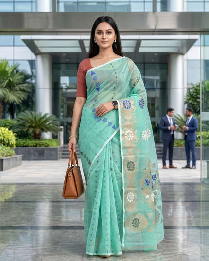 Exquisite Sea Green Pure Cotton Jamdani Saree with Elegant Woven Zari Design