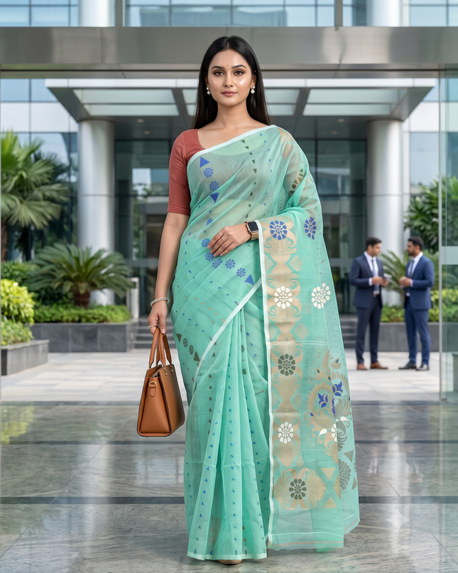 Exquisite Sea Green Pure Cotton Jamdani Saree with Elegant Woven Zari Design