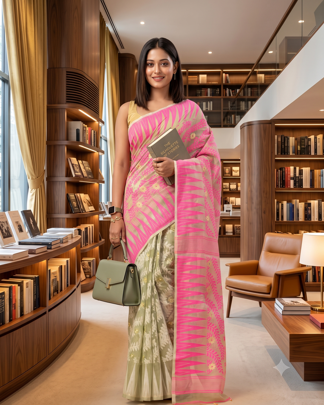 Tamarind Leaf Resham Dhakai Jamdani Pure Cotton Handloom Saree Whole Body Design without Blouse Piece