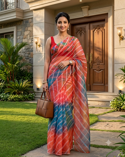 Women`s Printed Organza Saree Semi-Transparent Party, Wear weddings latest, Trending Design sarees Fancy banarasi organza silk saree for Farewell Strip Orange Blue Sarees for Women