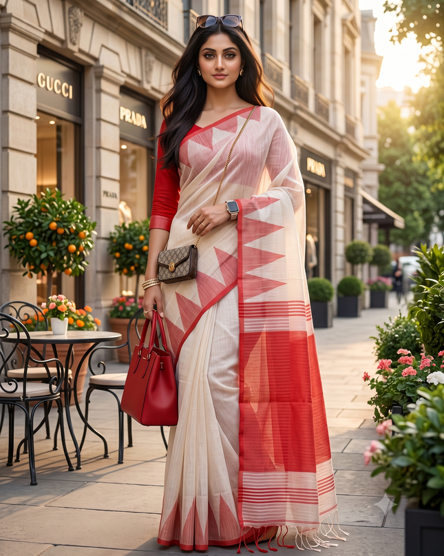 Women's Traditional Bengali Handloom Tant Pure Cotton Saree with Blouse Piece Temple Par Design