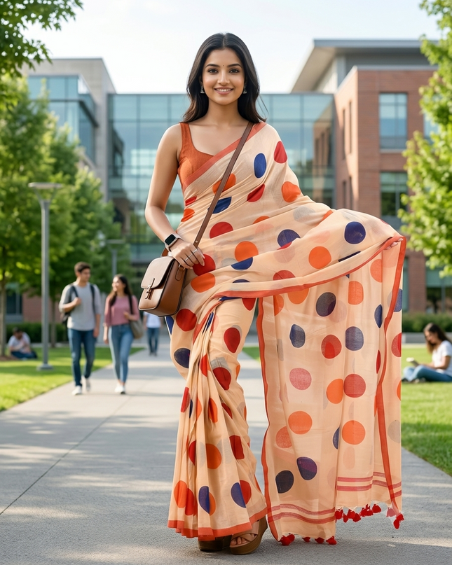 Women cotton handloom mulmul cotton sarees mul cotton sarees for women latest, Mohini design batik print bandhani malmal linen office daily, party, wear sarees for women (Off White Red)