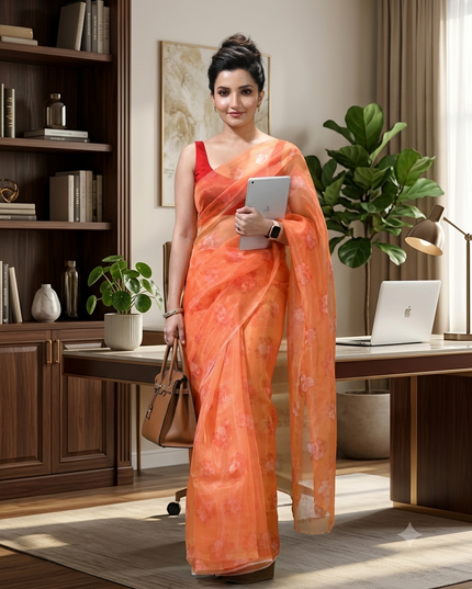 Women`s Printed Organza Saree Semi-Transparent Party, Wear weddings latest, Trending Flower Design sarees Fancy banarasi organza silk saree for Farewell Orange Sarees for Women