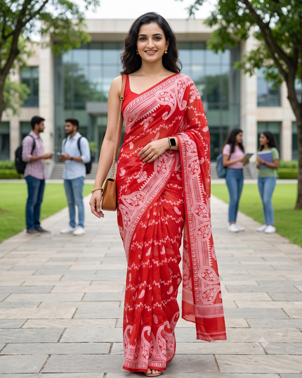 Ethnic Motifs Woven Design Red Jamdani Saree for Women