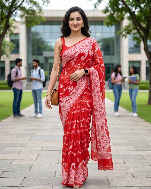 Ethnic Motifs Woven Design Red Jamdani Saree for Women