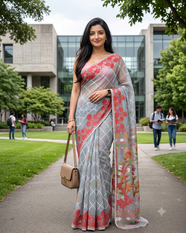 dB DESH BIDESH Women's Jamdani Sarees For Women for Party Festival Wear Kusumlata Design Soft Cotton Linen saree for woman Without Blouse piece (Grey Red)