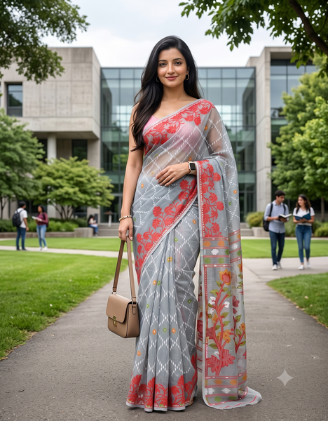 dB DESH BIDESH Women's Jamdani Sarees For Women for Party Festival Wear Kusumlata Design Soft Cotton Linen saree for woman Without Blouse piece (Grey Red)
