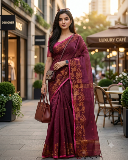 Women cotton silk tant handloom saree mysore party, wear sarees latest, design wedding, banarasi design georgette saree soft silk cotton MidNight Zari sarees for women (Brown)