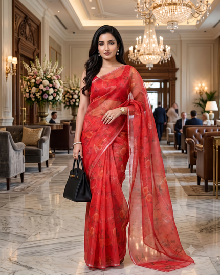 Women`s Printed Organza Saree Semi-Transparent Party, Wear weddings latest, Trending Rose Leaf Design sarees Fancy banarasi organza silk saree for Farewell Red Sarees for Women