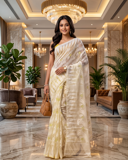 Tamarind Leaf Resham Dhakai Jamdani Pure Cotton Handloom Saree without Blouse Piece