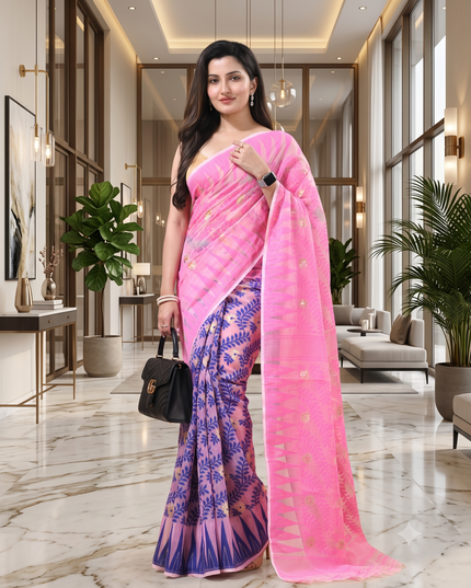 dB DESH BIDESH Women's Traditional Bengal Soft Cotton Silk Jamdani Sarees For Women Tentullata Design Cotton saree for woman Without Blouse piece | Ethnic Wear Sari (Pink Blue)