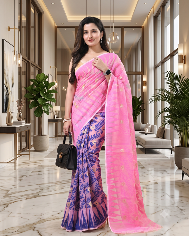 dB DESH BIDESH Women's Traditional Bengal Soft Cotton Silk Jamdani Sarees For Women Tentullata Design Cotton saree for woman Without Blouse piece | Ethnic Wear Sari (Pink Blue)