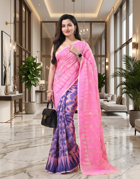 dB DESH BIDESH Women's Traditional Bengal Soft Cotton Silk Jamdani Sarees For Women Tentullata Design Cotton saree for woman Without Blouse piece | Ethnic Wear Sari (Pink Blue)