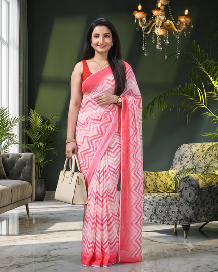 Womens georgette party, wear saree for farewell chiffon sarees women latest Rekhamaya design printed cotton New Sari chiffon silk Saree wedding saree for woman(Red White Orange)