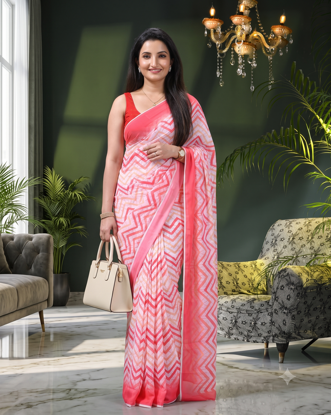 Womens georgette party, wear saree for farewell chiffon sarees women latest Rekhamaya design printed cotton New Sari chiffon silk Saree wedding saree for woman(Red White Orange)
