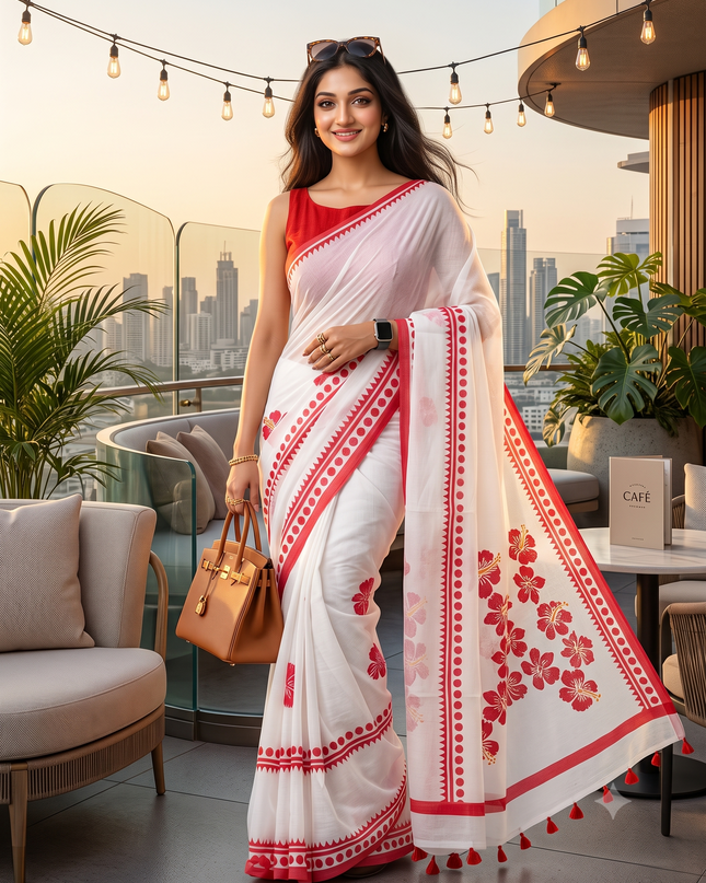 Exquisite Floral Printed Handloom Saree: Red & White, Cotton Blend, Traditional Indian Wear