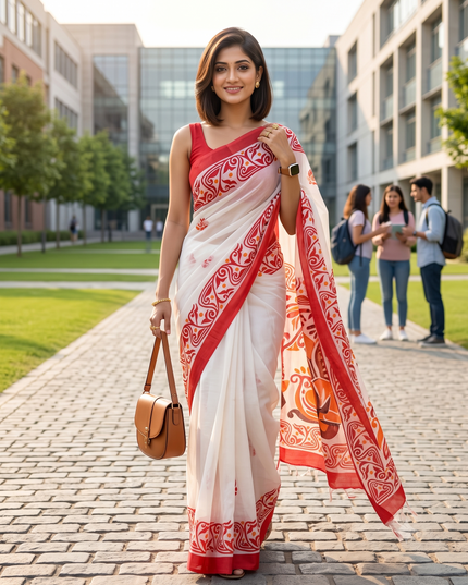 Pure Cotton Handloom Uma Ganesh Printed Saree with Blouse Piece