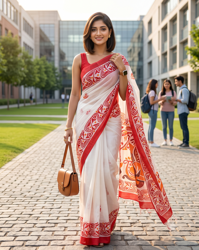 Pure Cotton Handloom Uma Ganesh Printed Saree with Blouse Piece