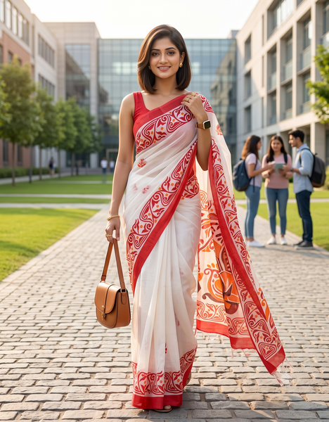 Pure Cotton Handloom Uma Ganesh Printed Saree with Blouse Piece