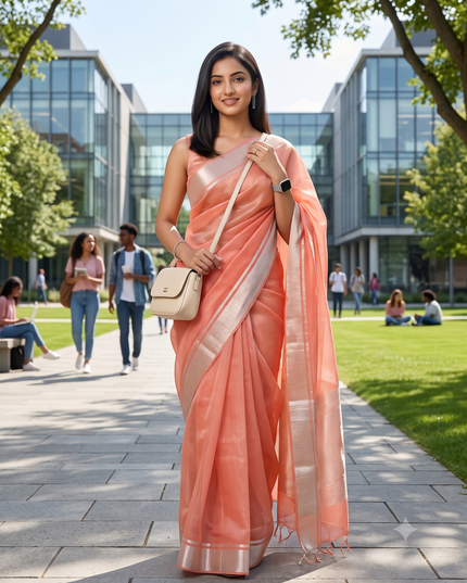 Women`s Tissue silk sarees for women latest, design organza New sari Swarnika zari Design golden Kora tissue banarasi saree for wedding party, wear sarees for Women (Soft Peach Pink)
