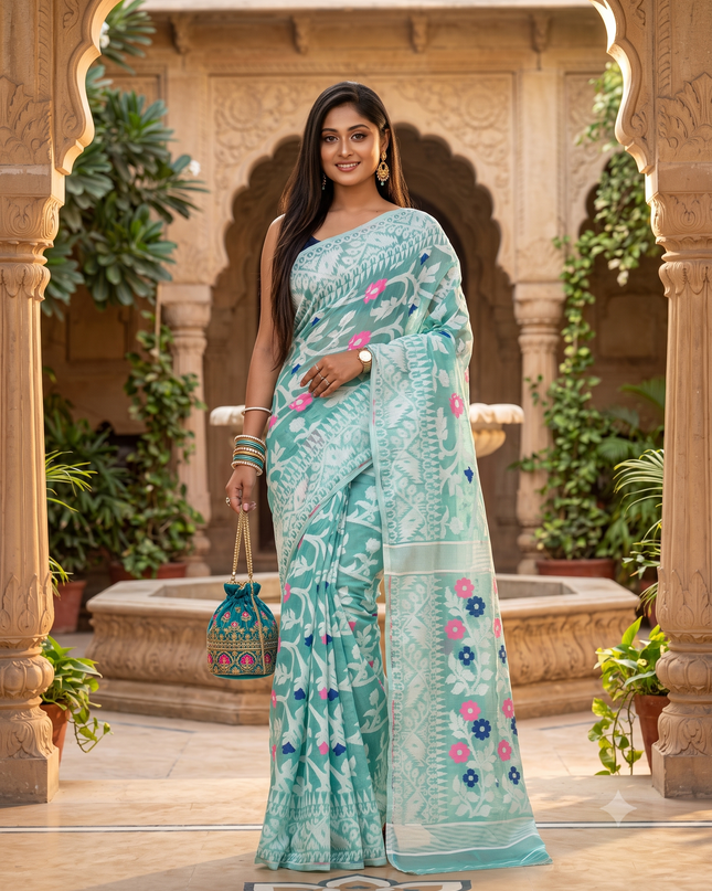 Women's Floral Pure Cotton Jamdani Saree: Ready-to-Wear Elegance