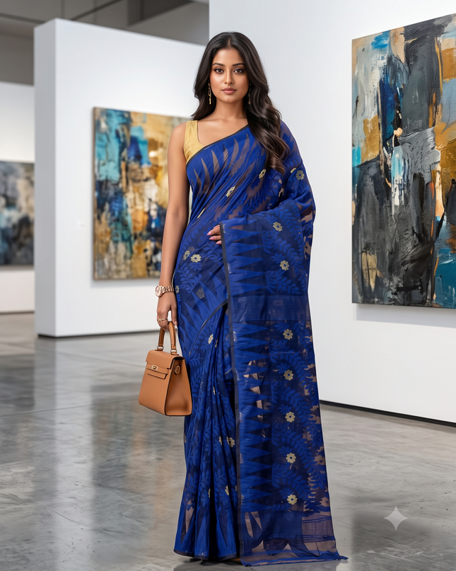 Tamarind Leaf Resham Dhakai Jamdani Pure Cotton Handloom Saree without Blouse Piece