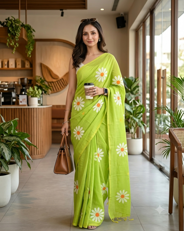dB DESH BIDESH Women`s Mul Cotton Sarees Soft Fancy Phoolpari Latest, Design Party, Wear Cotton New Linen Saree For Woman With Blouse Piece (Green)
