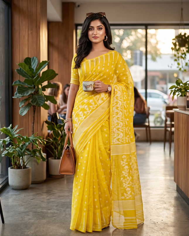 Resham Dhakai Jamdani Bengal Pure Cotton Handloom Saree Diamond Queen Design