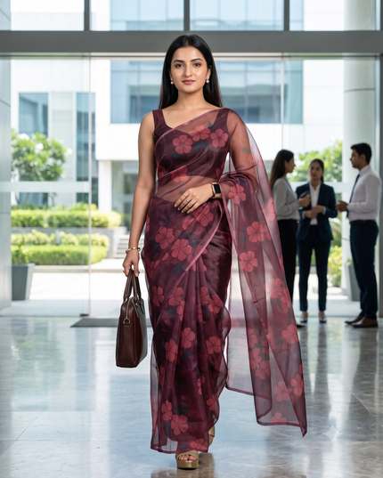 Women`s Printed Organza Saree Semi-Transparent Party, Wear organza weddings sarees latest, Trending Design Fancy banarasi organza silk saree for Farewell Black Red Sarees for Women