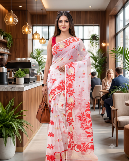Women’s Kaveri Flower Design Dhakai Jamdani Bengal Pure Cotton Handloom Saree – Without Blouse Piece