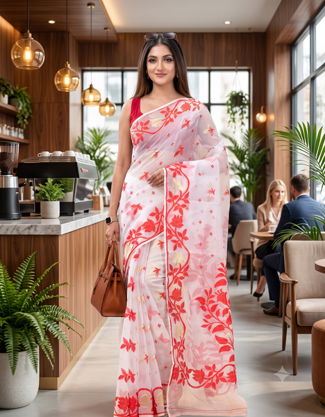 Women’s Kaveri Flower Design Dhakai Jamdani Bengal Pure Cotton Handloom Saree – Without Blouse Piece