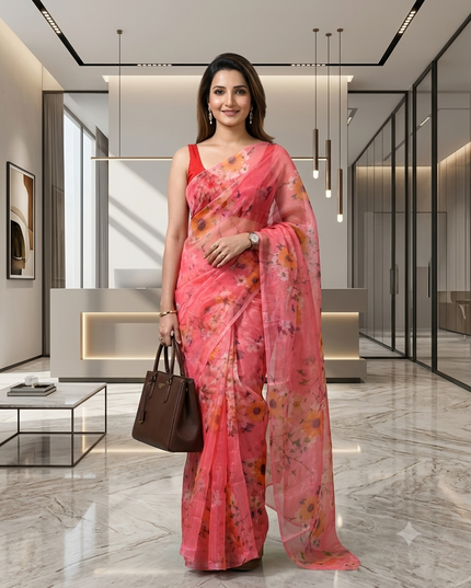 Women`s Printed Organza Saree Semi-Transparent Party, Wear weddings latest, Trending Floral Leaf Design sarees Fancy banarasi organza silk saree for Farewell Pink Sarees for Women