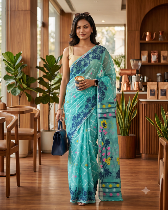 dB DESH BIDESH Women's Jamdani Sarees For Women for Party Festival Wear Kusumlata Design Soft Cotton Linen saree for woman Without Blouse piece (Firoza)